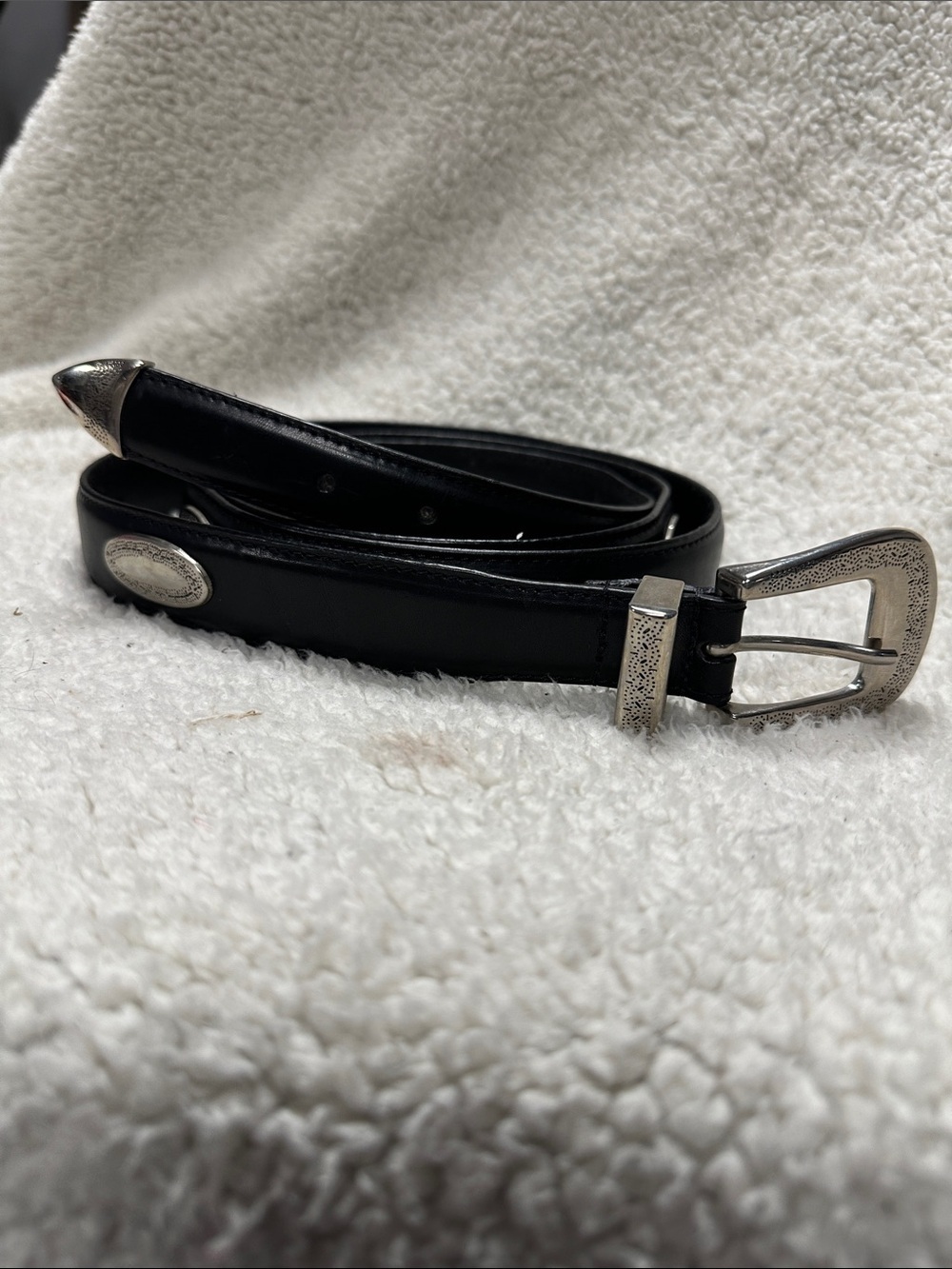 Kingston(?) Leather Western Belt, Silver Tone Ornate Conches, Buckle & Tip 58